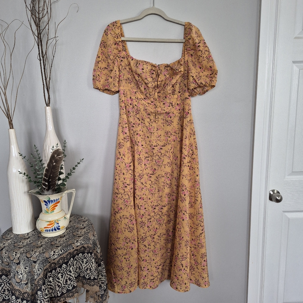 Peach Floral Summer Dress With Slit